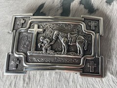 Nocona Mens Belt Buckle 3.5 x 2.5 in Cowboy Horse Cross Western Silver 1.5