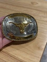 GOLD & SILVER (IN COLOR ONLY) RODEO WESTERN LONGHORN BULL Metal Belt Buckle