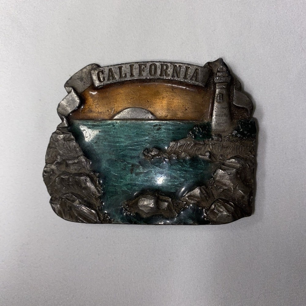Vtg California Ocean Rocky Cove Lighthouse Beach Sunset 1980s Belt Buckle REPAIR
