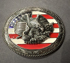 Belt Buckle American Flag Eagle Patriotic Silver Metal Red White & Blue