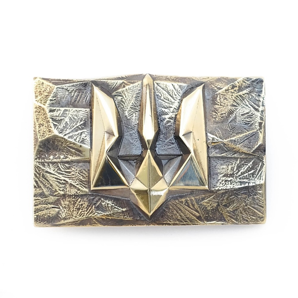 Handmade brass belt buckle « Ice and fire », Ukrainian trident low poly geometric