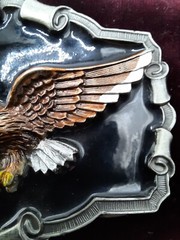 Vintage Open Wing Bikers Eagle Enameled Belt Buckle Scrolled background , 1983