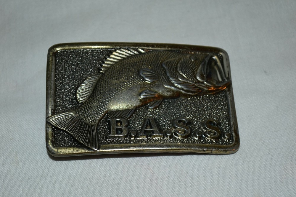 SOLID Brass Bass Anglers Sportsman Society BASS Jumping BELT BUCKLE EUC