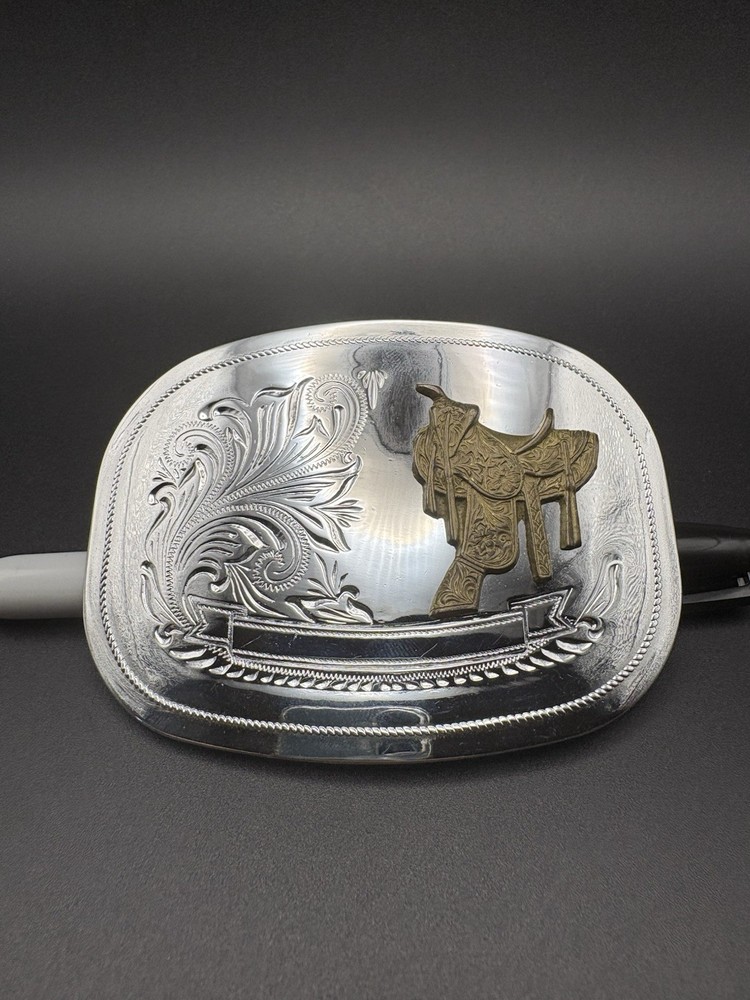Silver Tone Engraved Western Cowboy Belt Buckle With 3D Bronze Tone Saddle