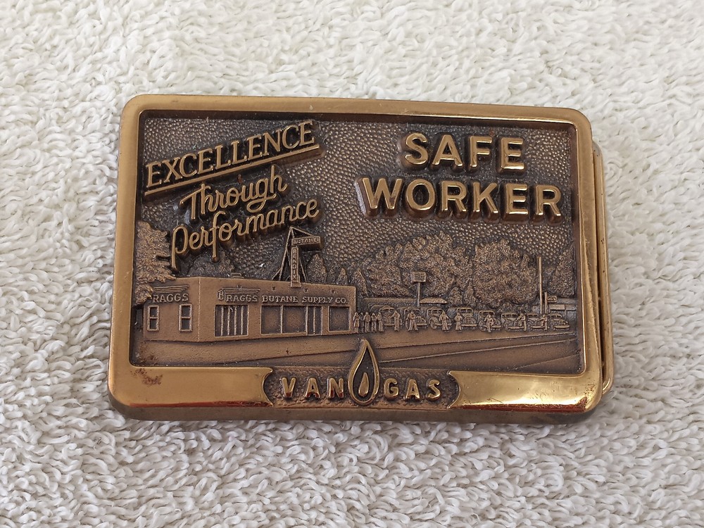 VINTAGE VAN GAS 1985 Safe Worker Belt Brass Buckle