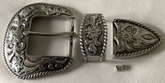 BELT BUCKLES 3pc Buckle Set 1.5 inch Western Floral Scroll Rope Edge Silver NWOT