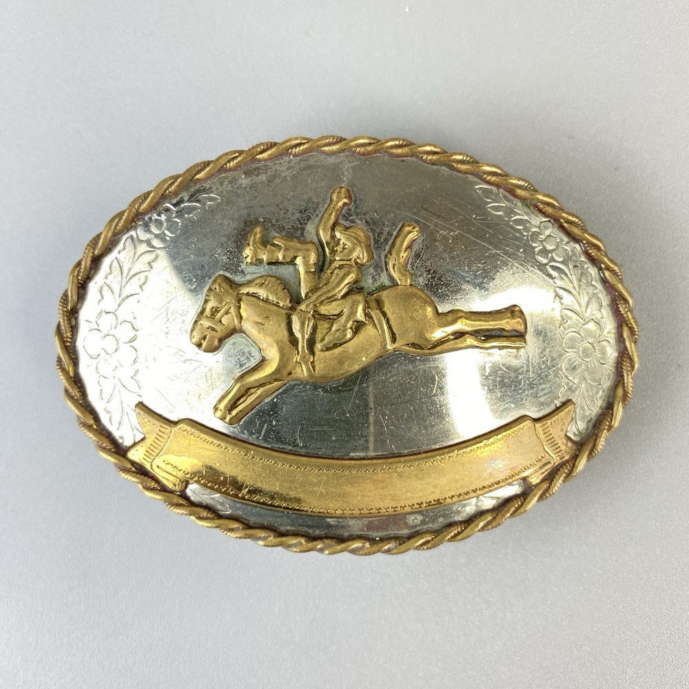 Vintage Western Belt Buckle Bucking Bronco Rodeo Gold Tone Nickle Silver