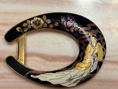 Cloisonne Enamel Buckle Asian Woman Butterfly Floral Goldtone