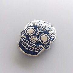 Blue Enamel Matter Silver Plated Tattoo Skull Belt Buckle Gurtelschnalle