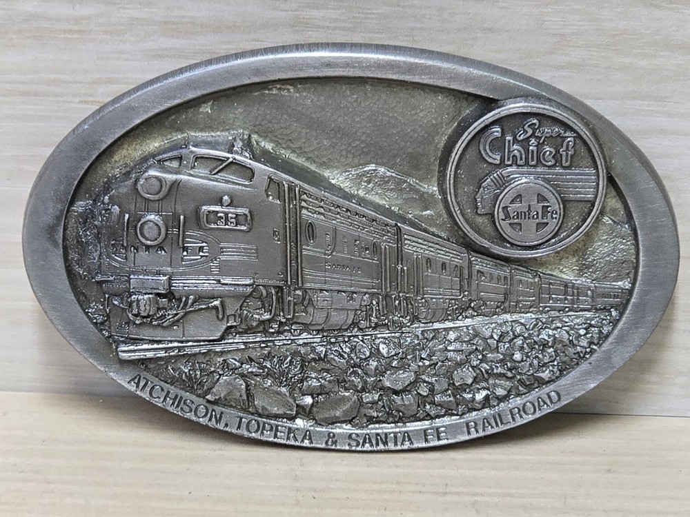 Vintage C&J INC. 1983 Belt Buckle Silver Tone 3.5&Prime; Oval Super Chief Santa Fe