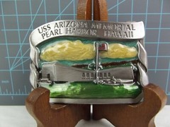 Vtg USS ARIZONA MEMORIAL PEARL HARBOR HAWAII BELT BUCKLE Arroyo Grande Enamel