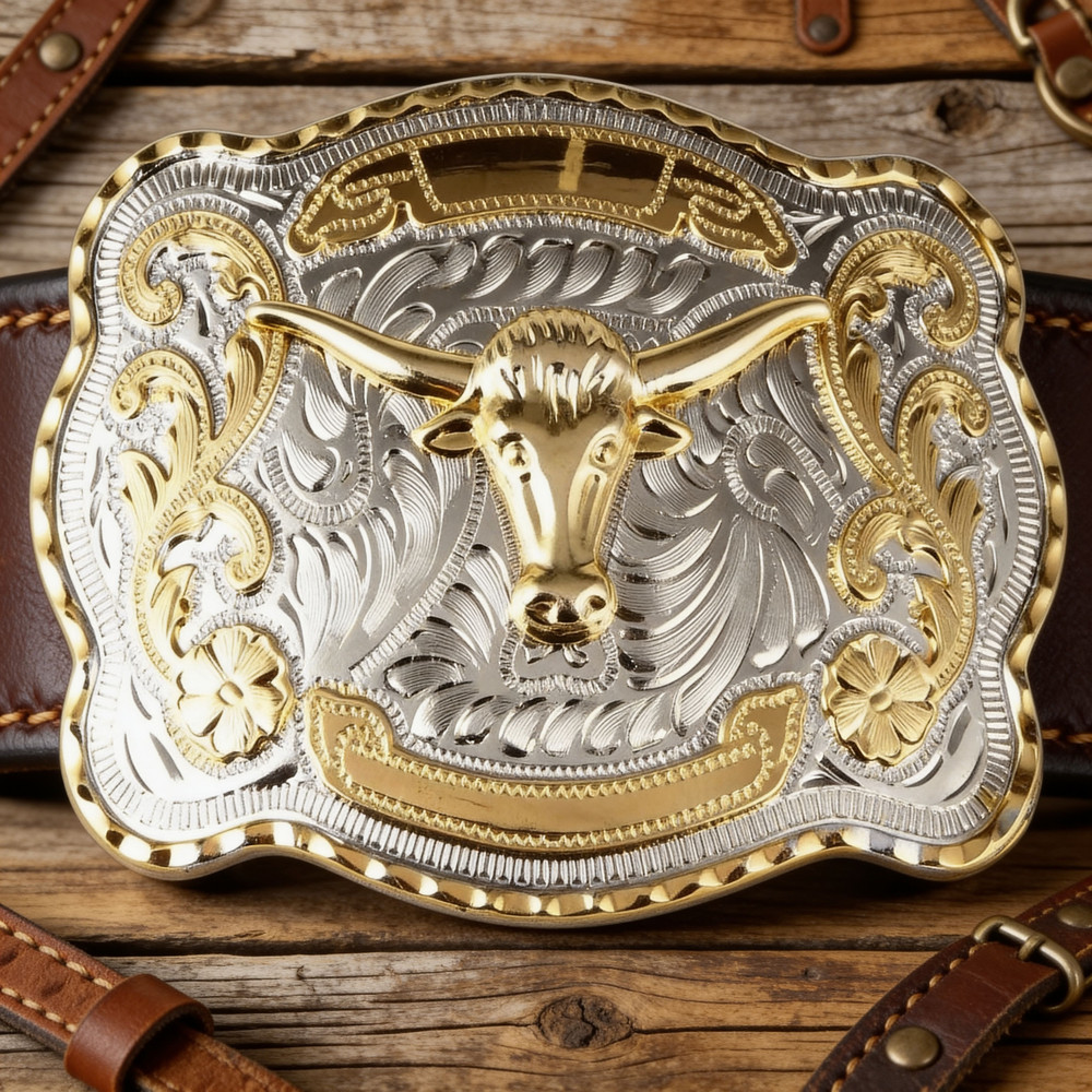 Western Cowboy Belt Buckle Longhorn Bull Silver Gold Tone Rodeo Fits 1-1/2&Prime; Belt
