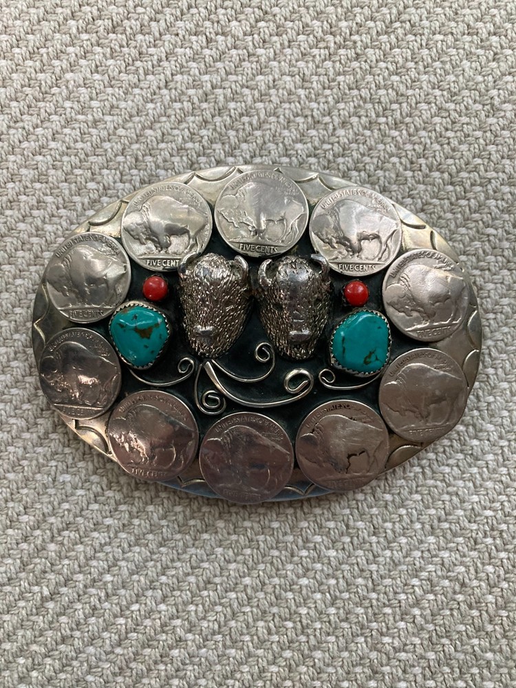 Vintage Belt Buckle, Double Buffalo, 10 Nickel, Turquoise Coral USA Southwestern