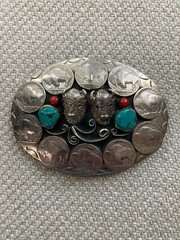 Vintage Belt Buckle, Double Buffalo, 10 Nickel, Turquoise Coral USA Southwestern