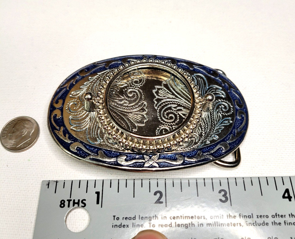 Vtg NOS Silver Dollar Coin / Gem Stone Holder Bezel Belt Buckle Blue Inlay Empty