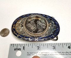 Vtg NOS Silver Dollar Coin / Gem Stone Holder Bezel Belt Buckle Blue Inlay Empty