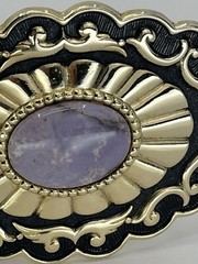 Belt Buckle Lavender Jade Cabochon oval gold tone black enamel background