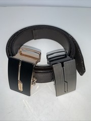 AU Mens Belts Automatic Gold & Silver Buckles Black Leather Ratchet Work Belt