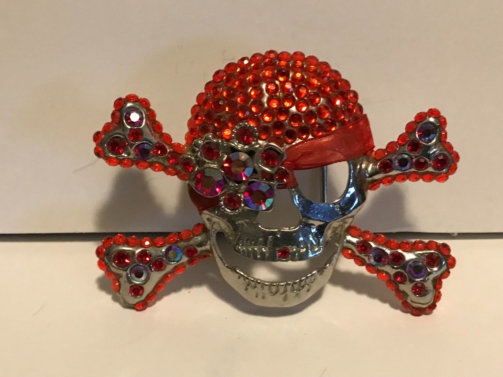 Large Silver Skull Crossbones Red Rhinestones Belt Buckle Jolly Roger Buccaneer
