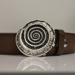 Round Spiral Fossil Belt Buckle in Antique Silver, Snail Design, Metal