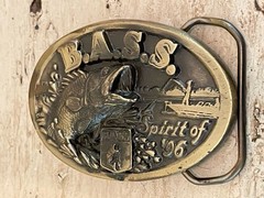Vintage Spirit of ‘96 B.A.S.S Brass Color Belt Buckle Oval Bass Fishing USA