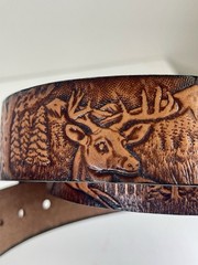 Vtg Tooled Leather Western Belt & Brown Stone BUCKLE 30/34 Small Deer Woods USA
