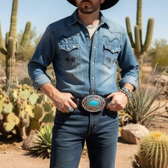 Men Women Silver Metal Southwester Fashion Buckle Ethnic Turquoise Blue Color