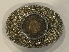 VINTAGE LAS VEGAS COIN BELT BUCKLE FAUX 1878 COIN OVAL SILVER/GOLD