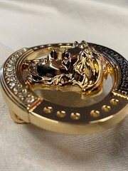 Gold Medusa Head Belt Buckle Black Greek Key Crystal Oval