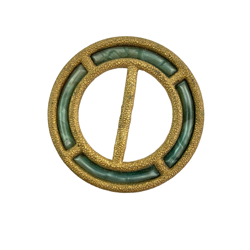 Vintage Made In Germany Brooch Belt Buckle? Hammered Gold Tone Green Enamel