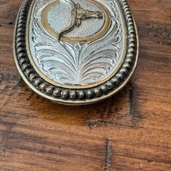 Western Longhorn Bull Belt Buckle Silver Gold Tone Floral Scroll Oval Cowboy