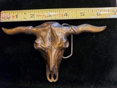 Western Longhorn Steer Skull Belt Buckle Patinaed Bronze
