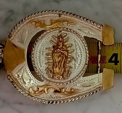 Western Rodeo Belt Buckle Virgin Mary Guadalupe Horse Shoe Silver Gold Tones