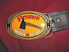 VINTAGE FIREMEN NEED LOVE TOO BRASS BELT BUCKLE WITH RESISTOL BELT SIZE 44