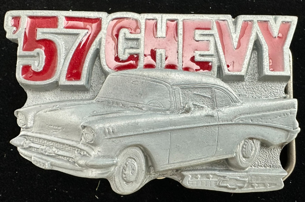 Western Belt Buckle, &rsquo;57 Chevy, Silver and Red Enamel