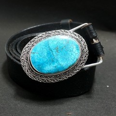 Handmade Silver Plated Belt Buckle with Natural Turquoise Stone- Western Vintage
