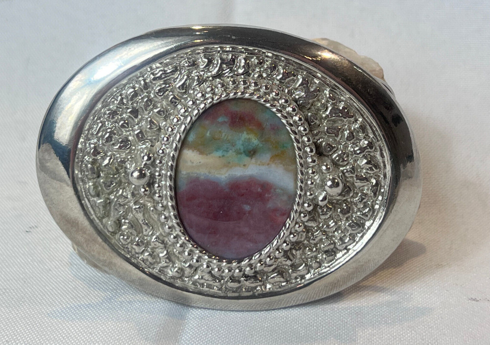 Vtg Western Style Belt Buckle Silvertone And Polished Flat Multicolor Stone