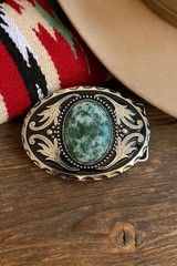 Green Stone Belt Buckle Western Silver Engraved Cowboy Rodeo Style Design