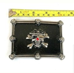 BELT BUCKLE – Skull and Bone Black & Silver Pirate – 5&Prime; by 4.5&Prime;