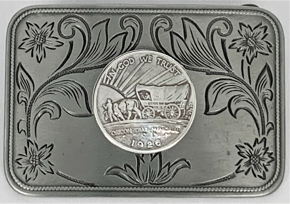 BELT BUCKLES USA 1926 Oregon Trail Coin Concho Silver Rectangle Western NWOT!