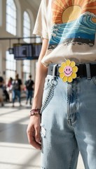 Unisex Belt Buckle Teen Women Fashion Yellow Flower Emoji Cartoon Kid Disco Ball