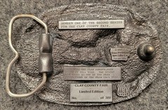 Clay County Fair Spenser, Iowa 1987 Pewter Belt Buckle. 4&Prime; x 2.5&Prime;