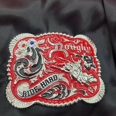 Western belt buckle 3.5×4 inches red and silver