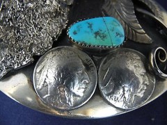 Vintage Keams Chee Navajo Belt Buckle Buffalo Head, 1937 Indian Coin Turquoise