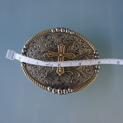 Two Tone Cross Belt Buckle Oval Silver Gold Floral Filigree Western
