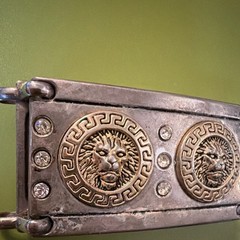 Silver Gold Lion Head Metal Belt Buckle with Rhinestones Greek Key Motif