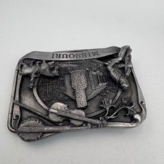Vintage Missouri State Belt Buckle Pioneer Log Cabin Fiddle Banjo Pewter Tone