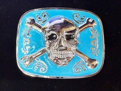 Jolly Roger Pirate Skull Head & Crossbones Blue Enamel Colored New Belt Buckle