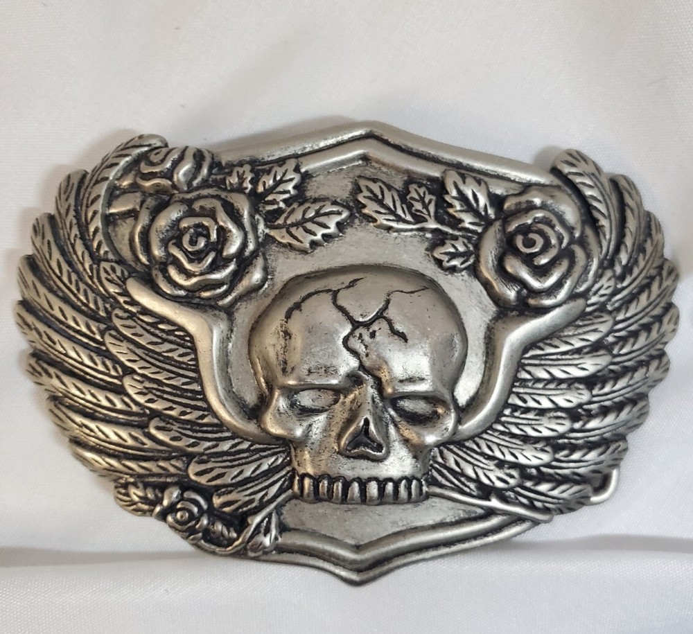Belt Buckle – Skull With Wings and Roses. Biker Buckle to suit 1.5&Prime; (40mm) Belt