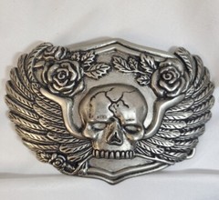 Belt Buckle – Skull With Wings and Roses. Biker Buckle to suit 1.5&Prime; (40mm) Belt